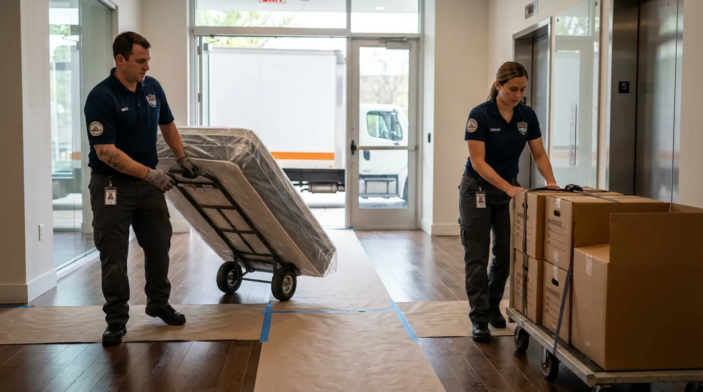 Professional apartment movers loading elevator in Argos, IN